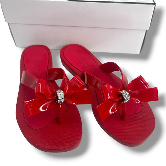 GUESS Tutu Eva Fashion Bow Detail Rhinestone Flip Flops Size 7 Red Fancy Sandals - Picture 1 of 11